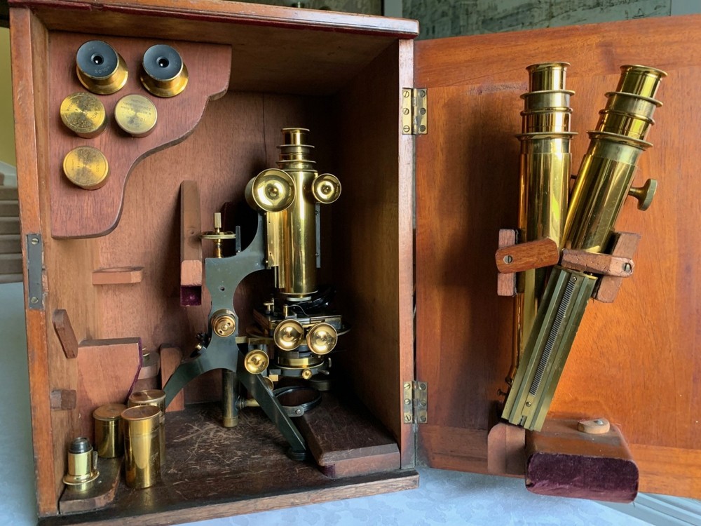Antique W. Watson & Sons "Royal" Mono/Binocular Brass Microscope - c1901, Cased