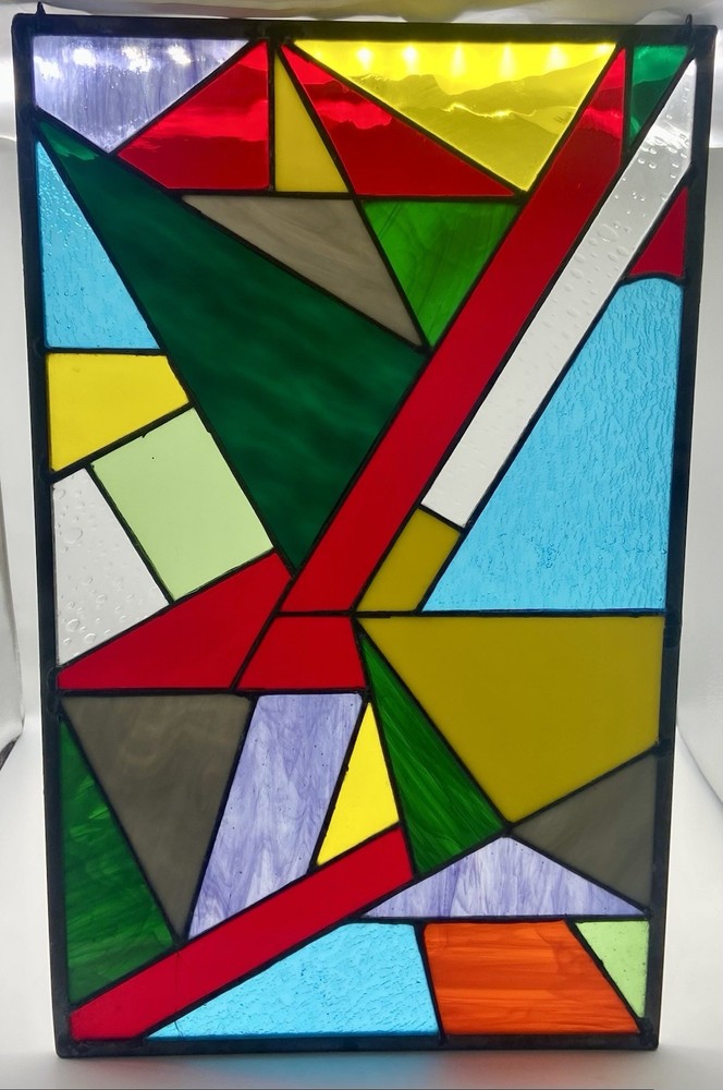 STUNNING STAINED GLASS PANEL Abstract Modern Geometric Frank Lloyd Wright Style