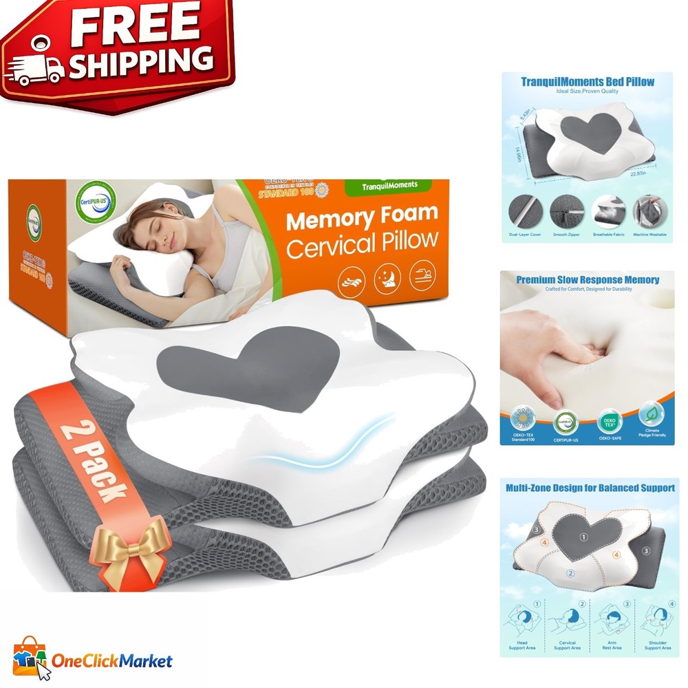 Ergonomic Grey Neck Pillows - Quality Memory Foam for Customized Comfort, 2-Pack