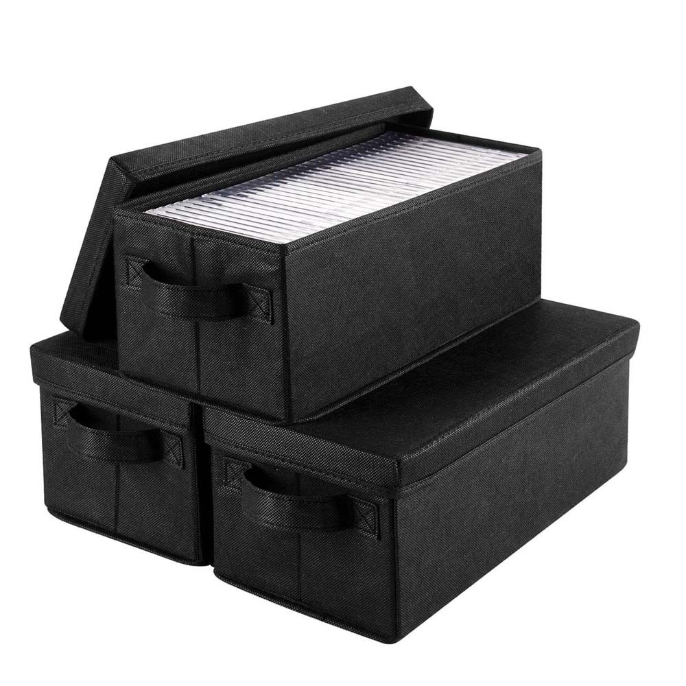 Black Fabric Stackable CD Holder Rack, Media Storage Organizer w/ Handle 3PACK