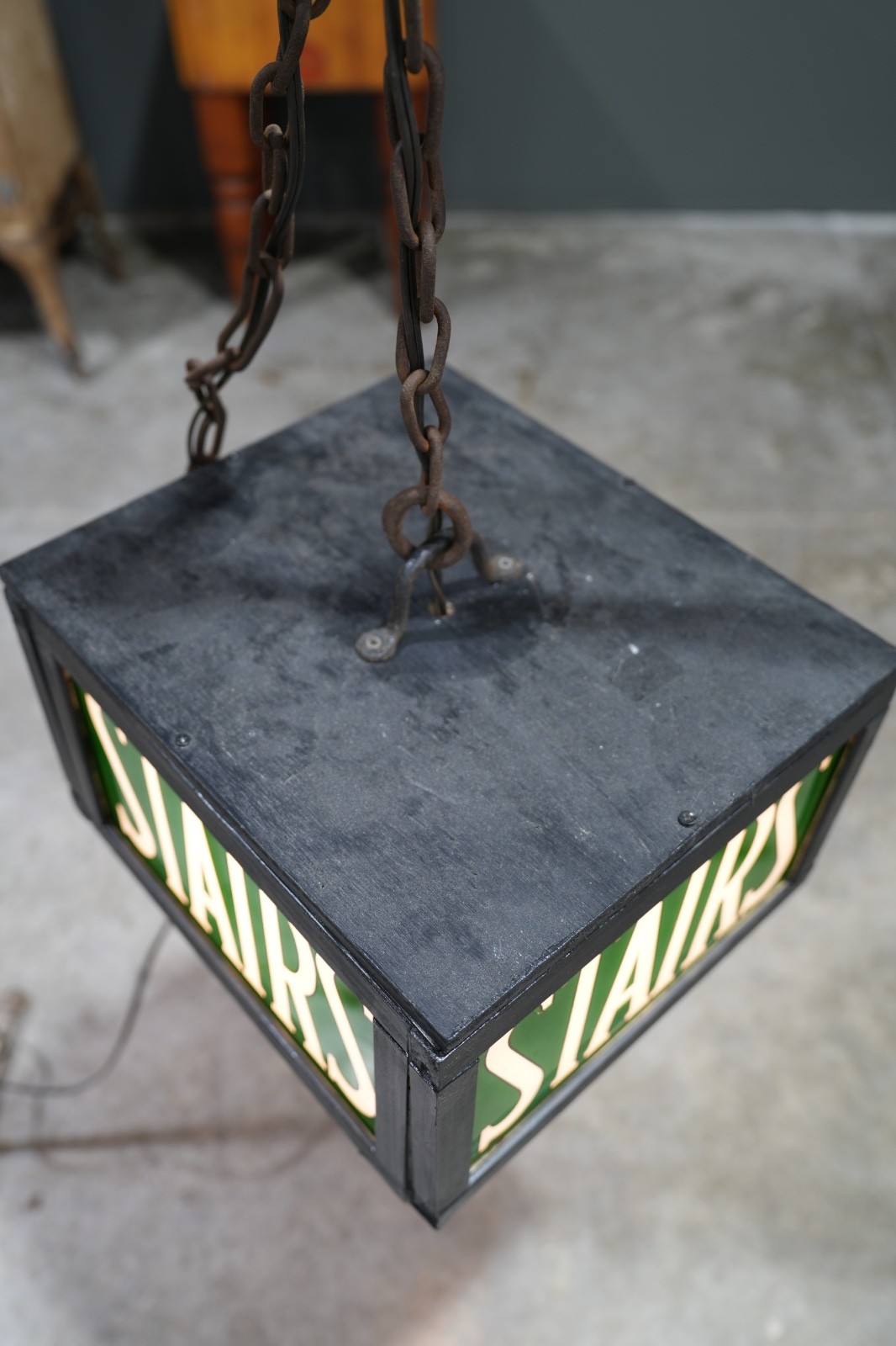 Vintage Stairs Lighted Sign Reverse Painted Glass Green Exit Light Stairway