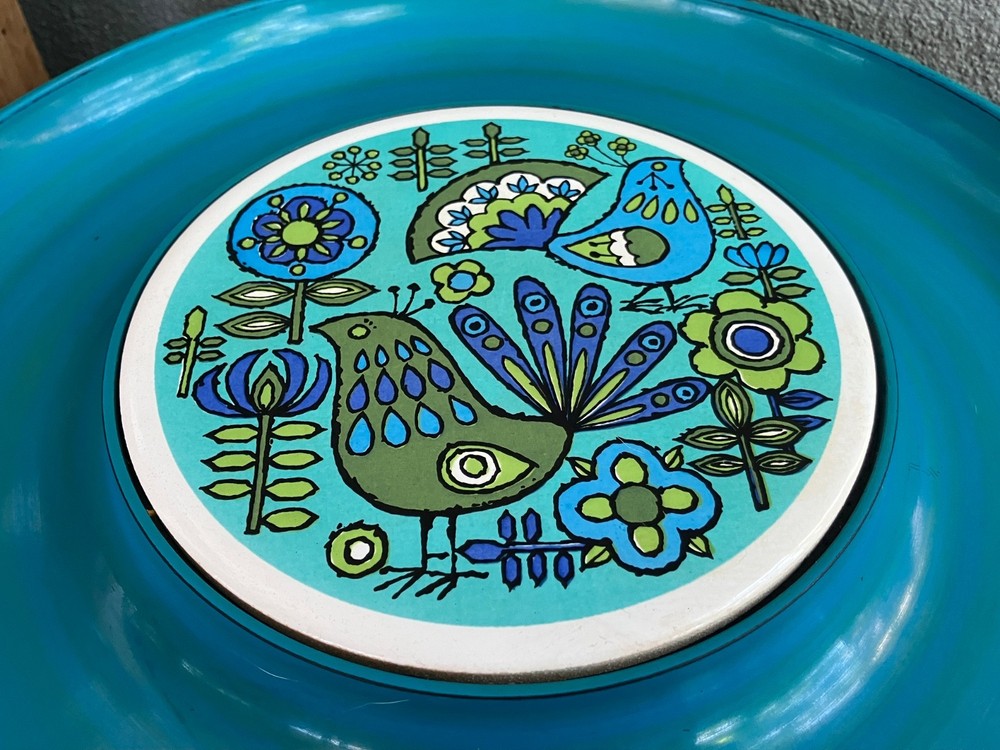 Mid century design large nibbles dish with round ceramic tile centre./10