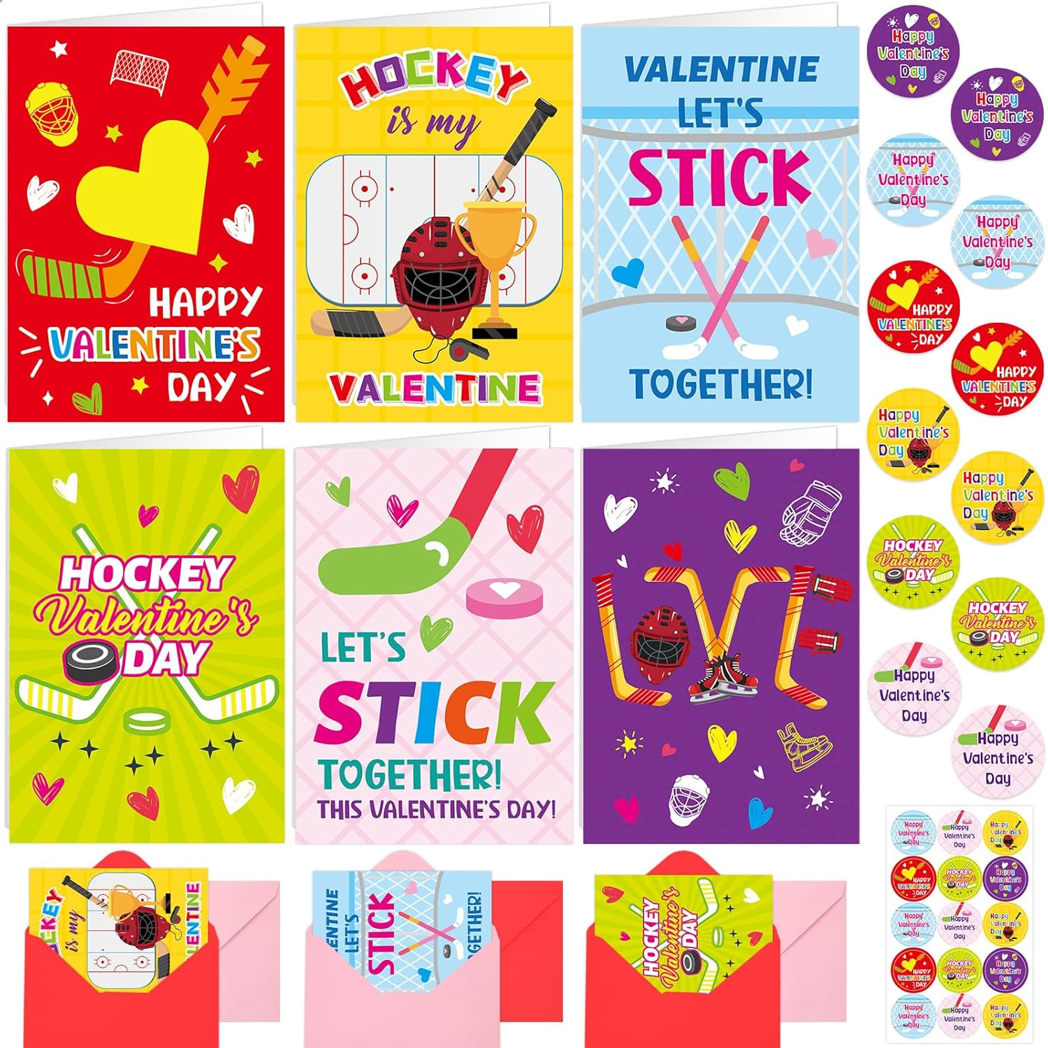 Hockey-Themed Valentine's Day Cards with Envelopes - 12 Pack for Kids