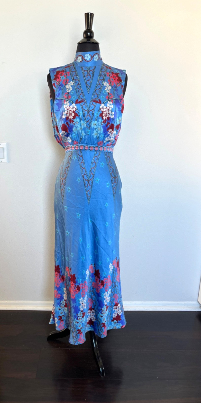 Saloni Fleur Silk-Satin Midi Dress in Sky Flourish Wedding guest Dinner Party