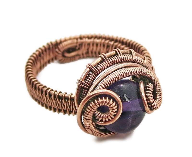 Adjustable Amethyst Wire-Wrapped Ring in Copper