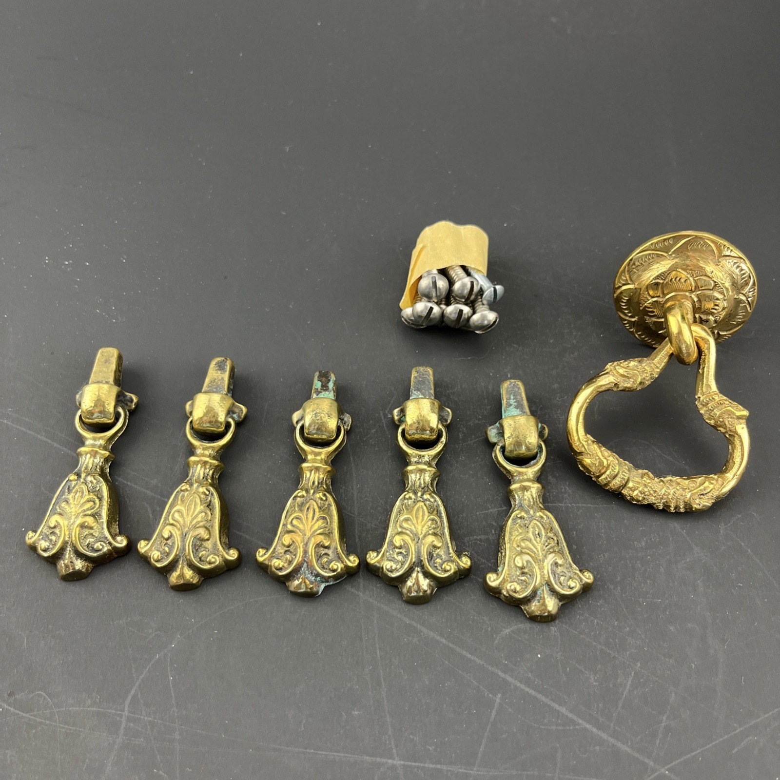 6 Antique Solid Brass drawer Pulls Patina 2 Sizes Bigger One Has Snake Heads