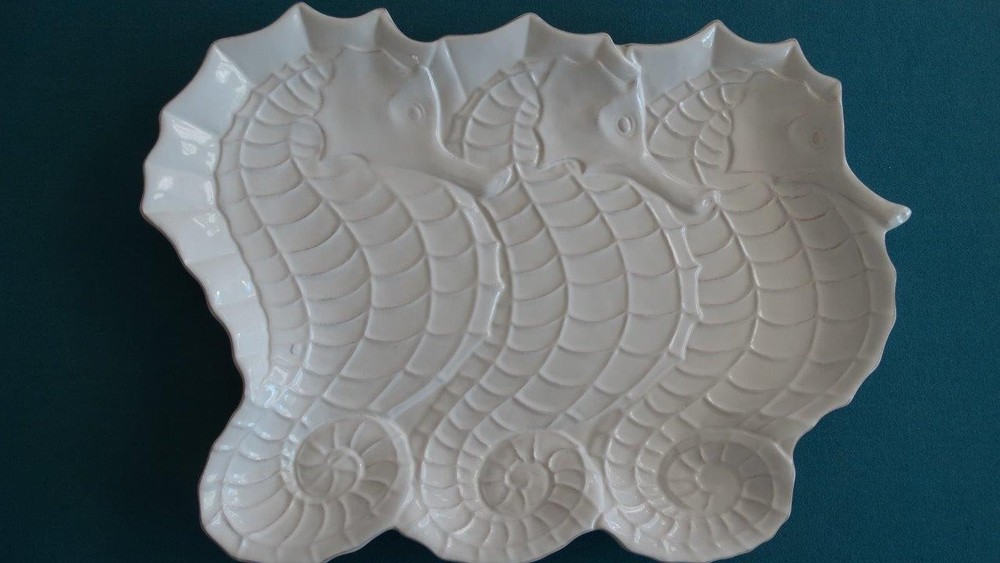 Blue Sky Ceramic Serving Tray Platter Seahorse Pattern White New 2015