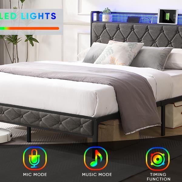 Full Bed Frame Storage Headboard with Charging Station&LED Lights Dark Gray NEW
