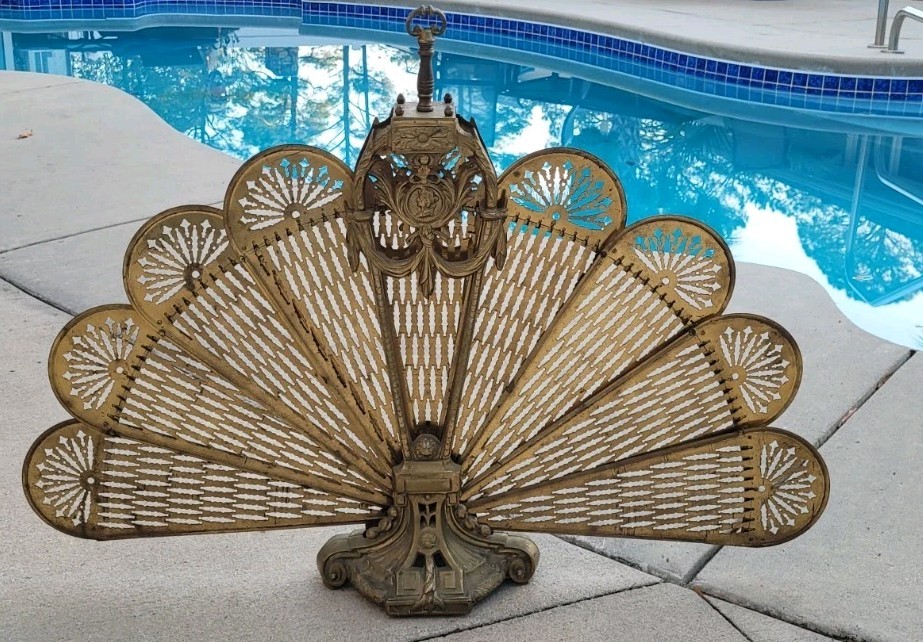 Vintage Brass Cameo Fireplace Screen Folding Peacock Screen
