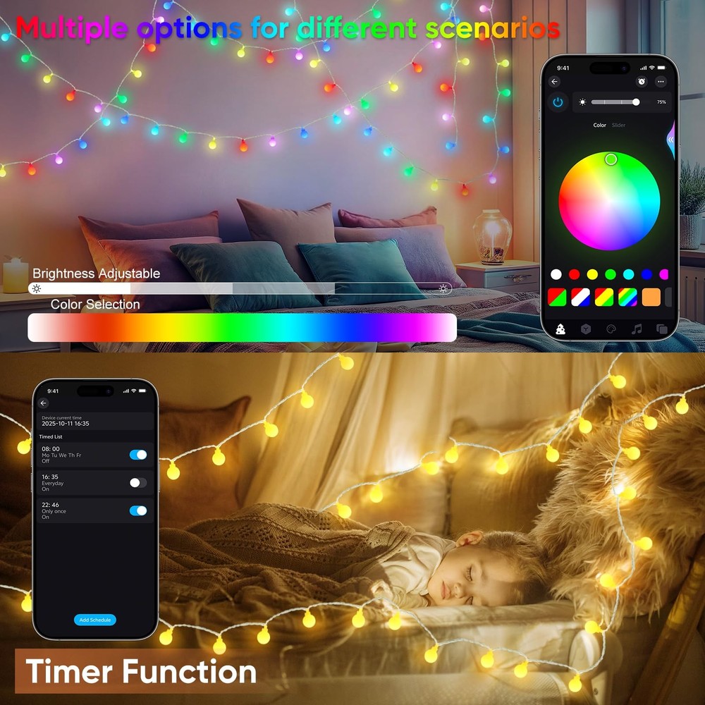 OMIKA 33FT 60 LED Color Changing Globe String Lights, Warm White & Multicolor US