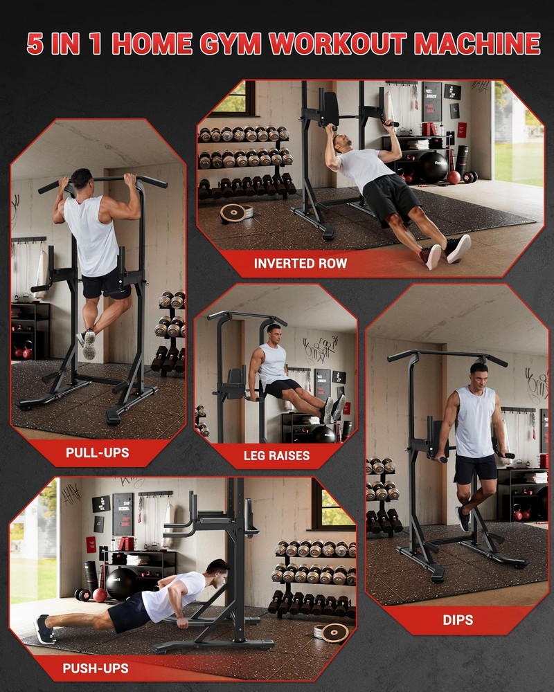 Power Tower Dip Station & Pull-Up Bar, Adjustable Height, 450LBS Load, Home Gym