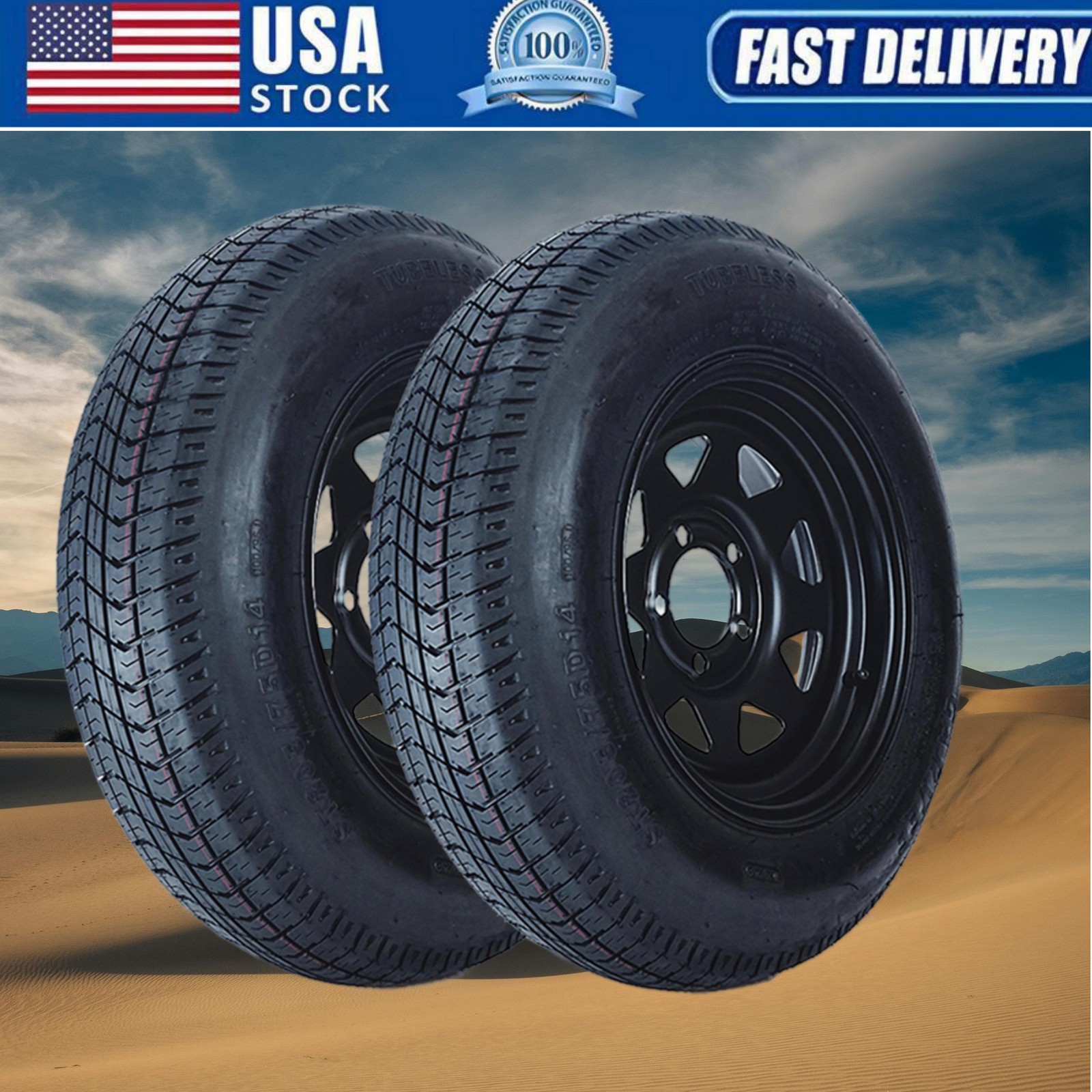 Set of 4 Trailer Tire On Rim ST205/75D14 Trailer Tires and Wheels 5 Lug on 4.5"
