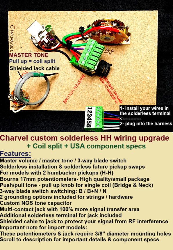 Charvel  Custom Solderless Wiring Upgrade  +Coil Split- All Components USA Specs