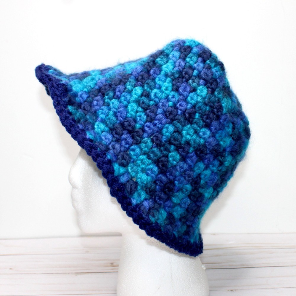 Hand Crocheted Blue Wool Blend Hat with Flower Accents
