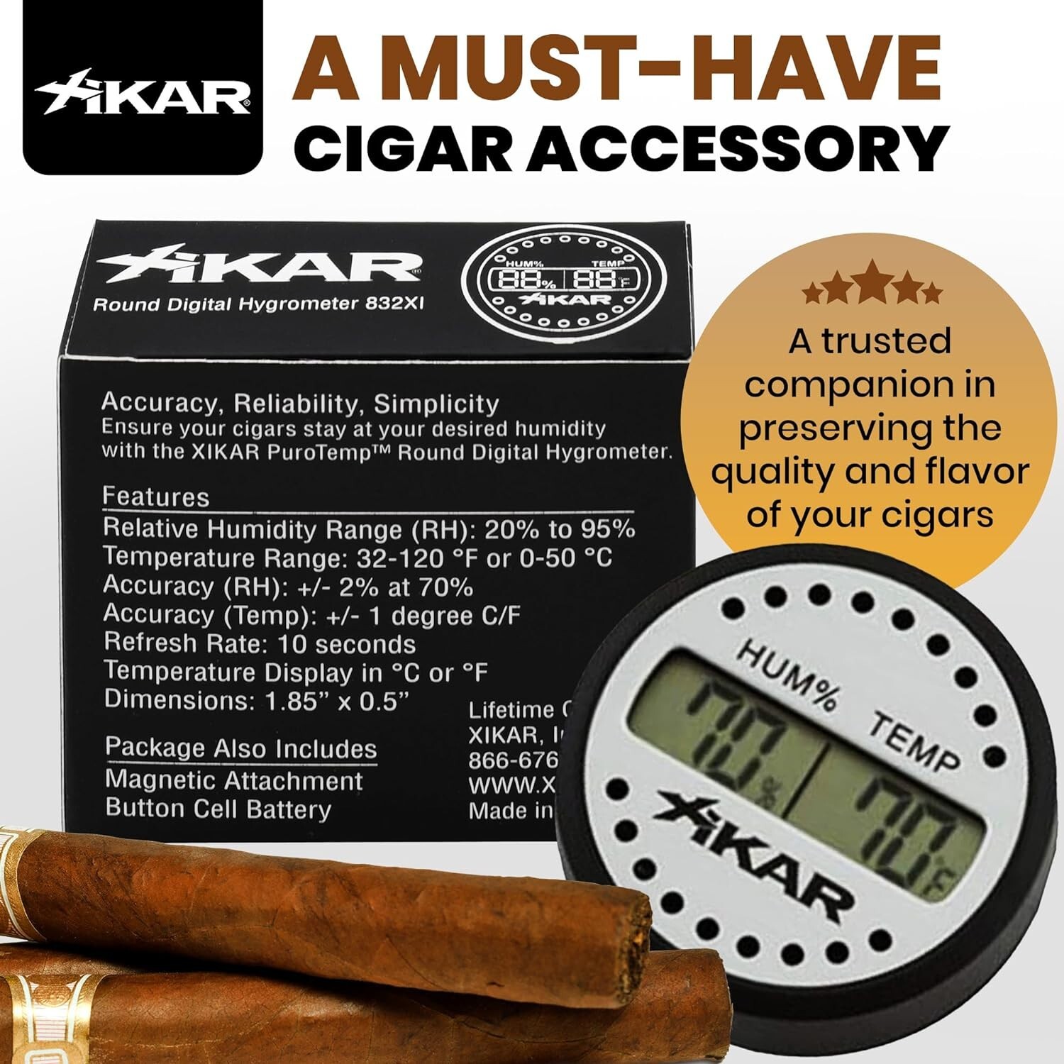 Xikar PuroTemp Round Digital Hygrometer, Accurate, 10-Second Refresh Rate