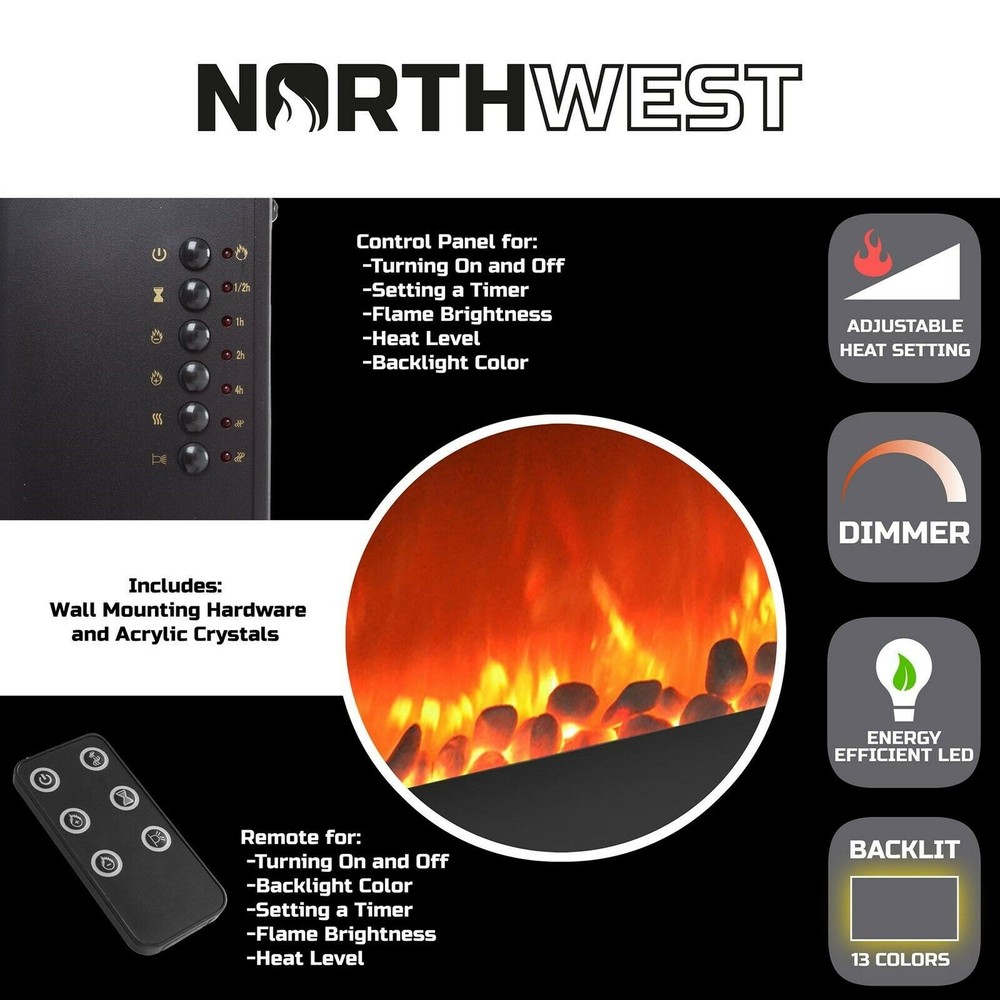 Electric Fireplace Wall Mounted Adjustable Heat Remote Backlight Colors Timer
