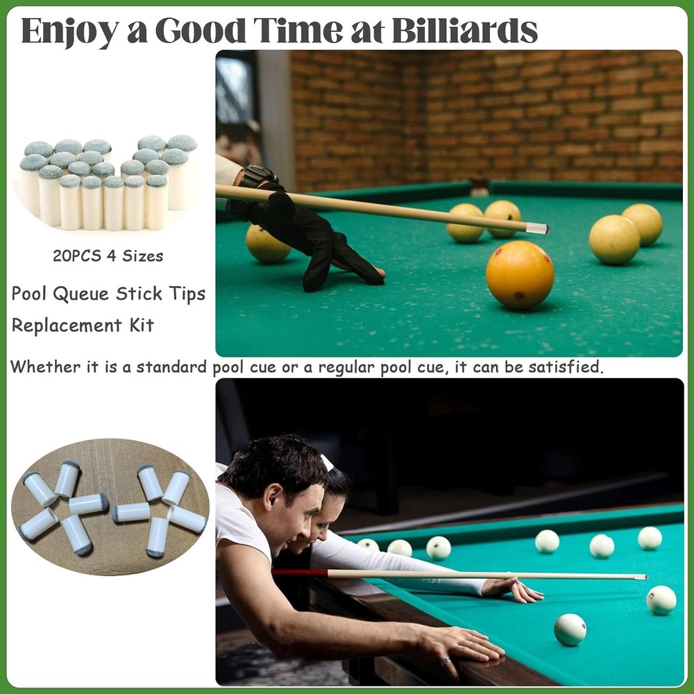 20-Piece Pool Cue Tip Replacement Kit, 4 Sizes for Billiard Accessories