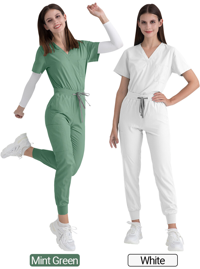 Stretch Medical Nurse Scrub Uniform Women Scrub Set V-Neck Top Jogger Pants