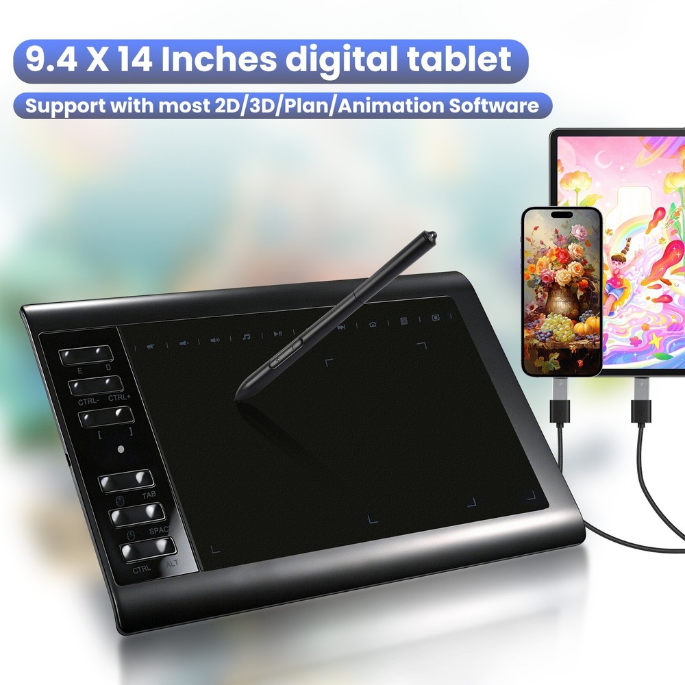 Drawing Tablet Large Area Graphics for Windows/Android/Mac+60°Tilt-Sensitive Pen