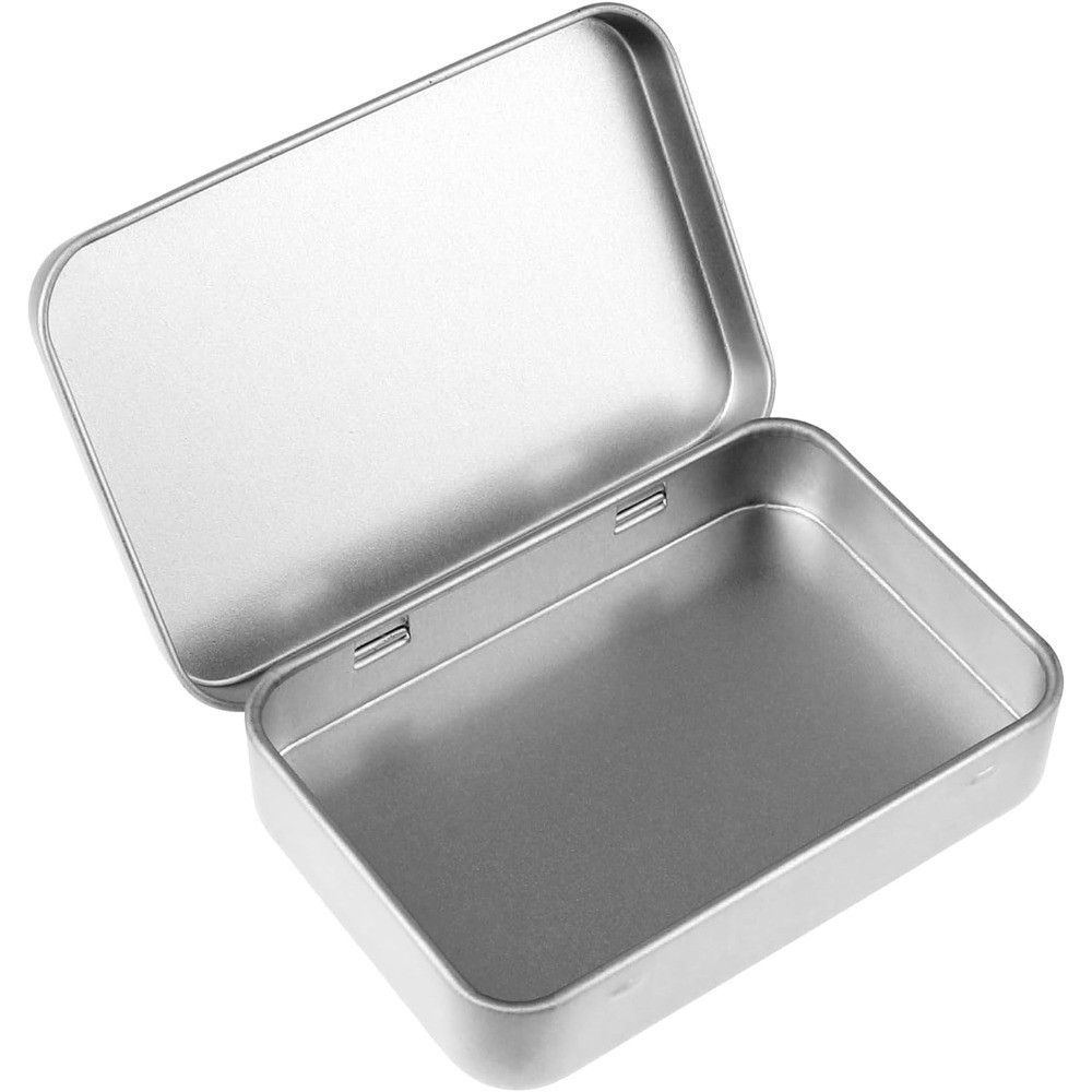 Hinged Lid Rectangular Small Metal Storage Tin Box Silver Portable Container