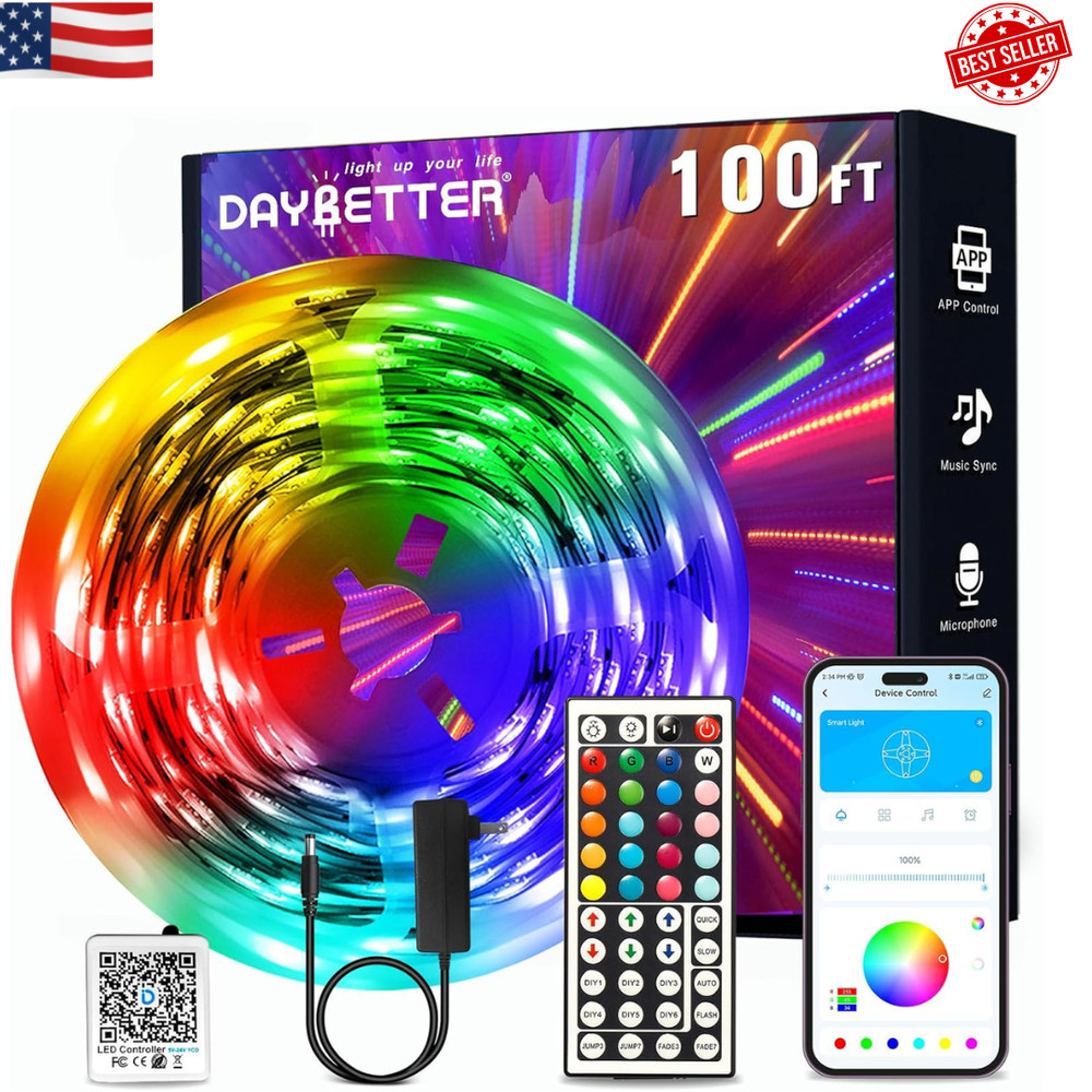 100Ft LED Strip Lights, Smart RGB Light with App & Remote Control for Room Decor