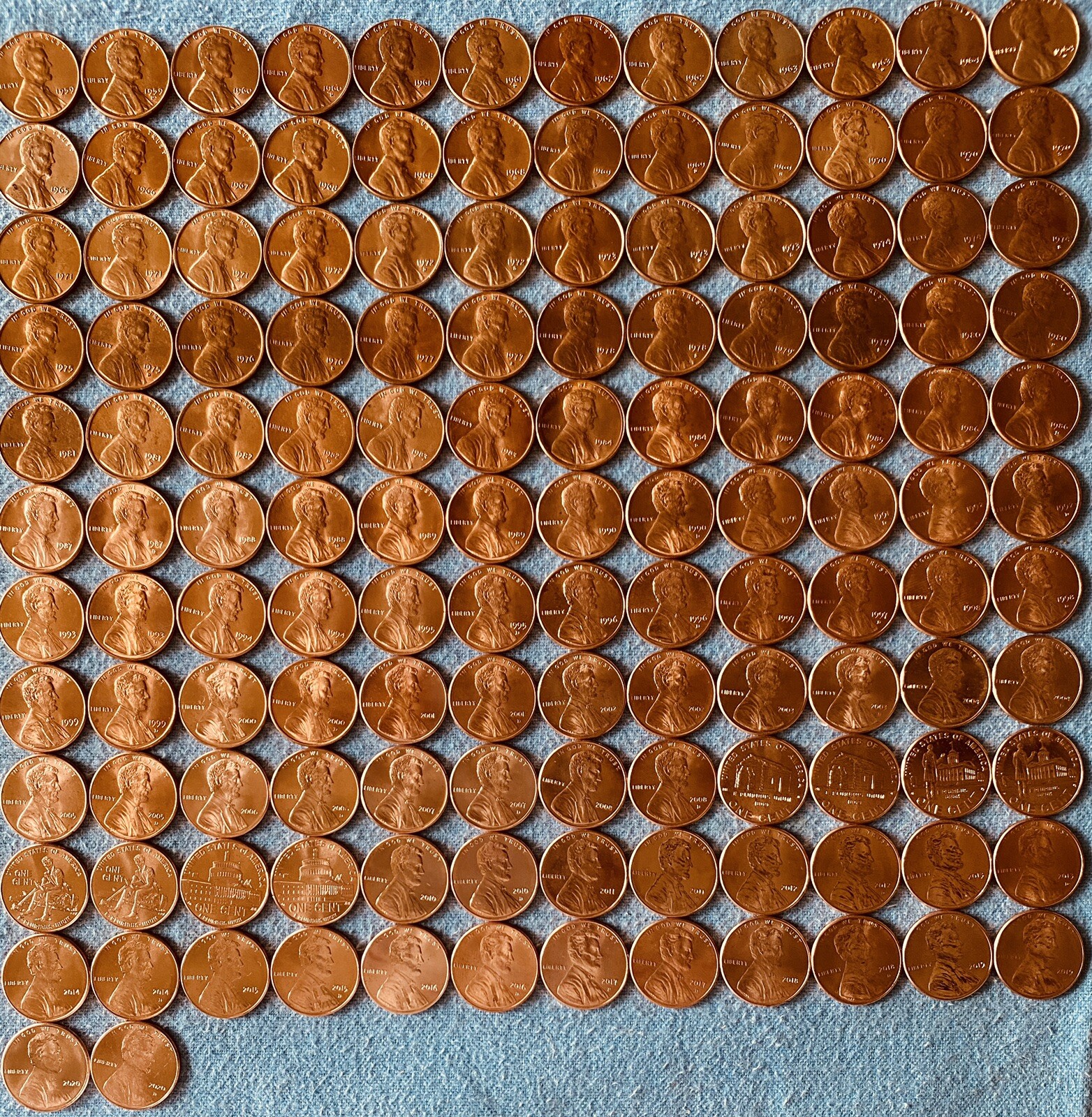 Lincoln Memorial & Shield Cents BU - Complete Set Of 140 Coins-1959 - 2023 P/D/S