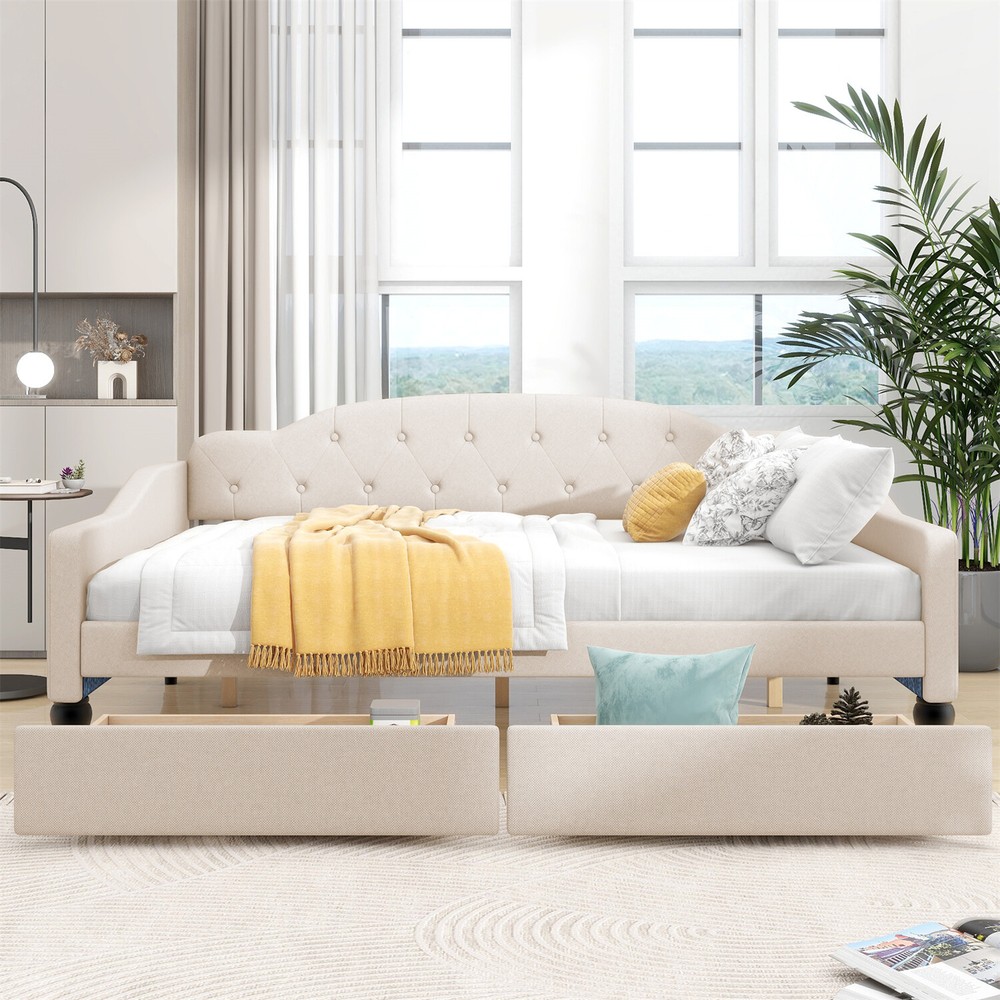 Full Size Daybed Upholstered Bed Frame Sofa Bed with 2 Storage Drawers Beige