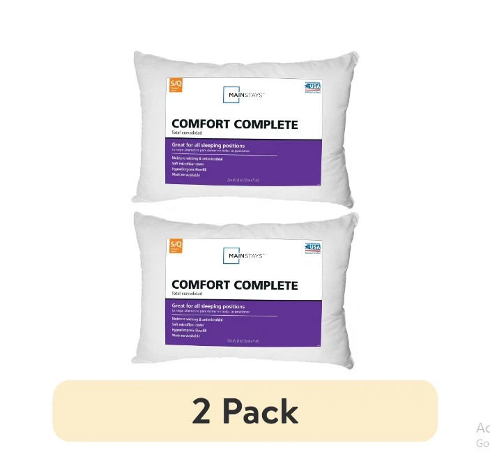 Mainstays Comfort Complete Bed Pillow, Standard/Queen (2 Pack)