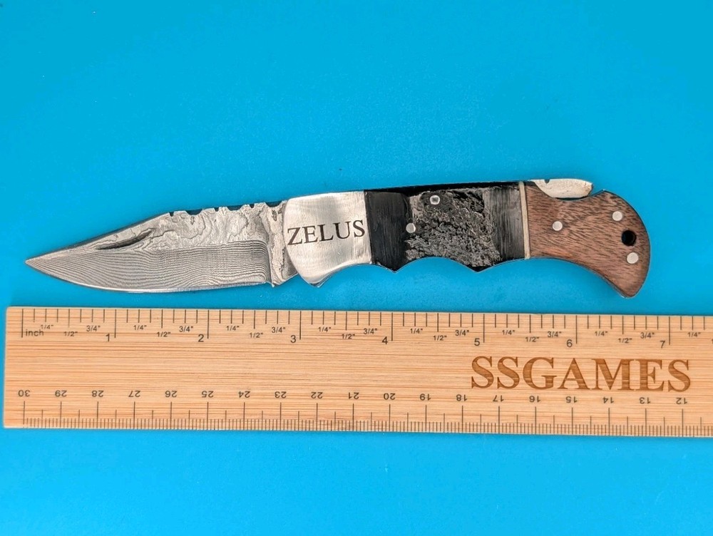 Zelus Damascus Blade Plain Edge Lockback Knife! With Leather Sheath!