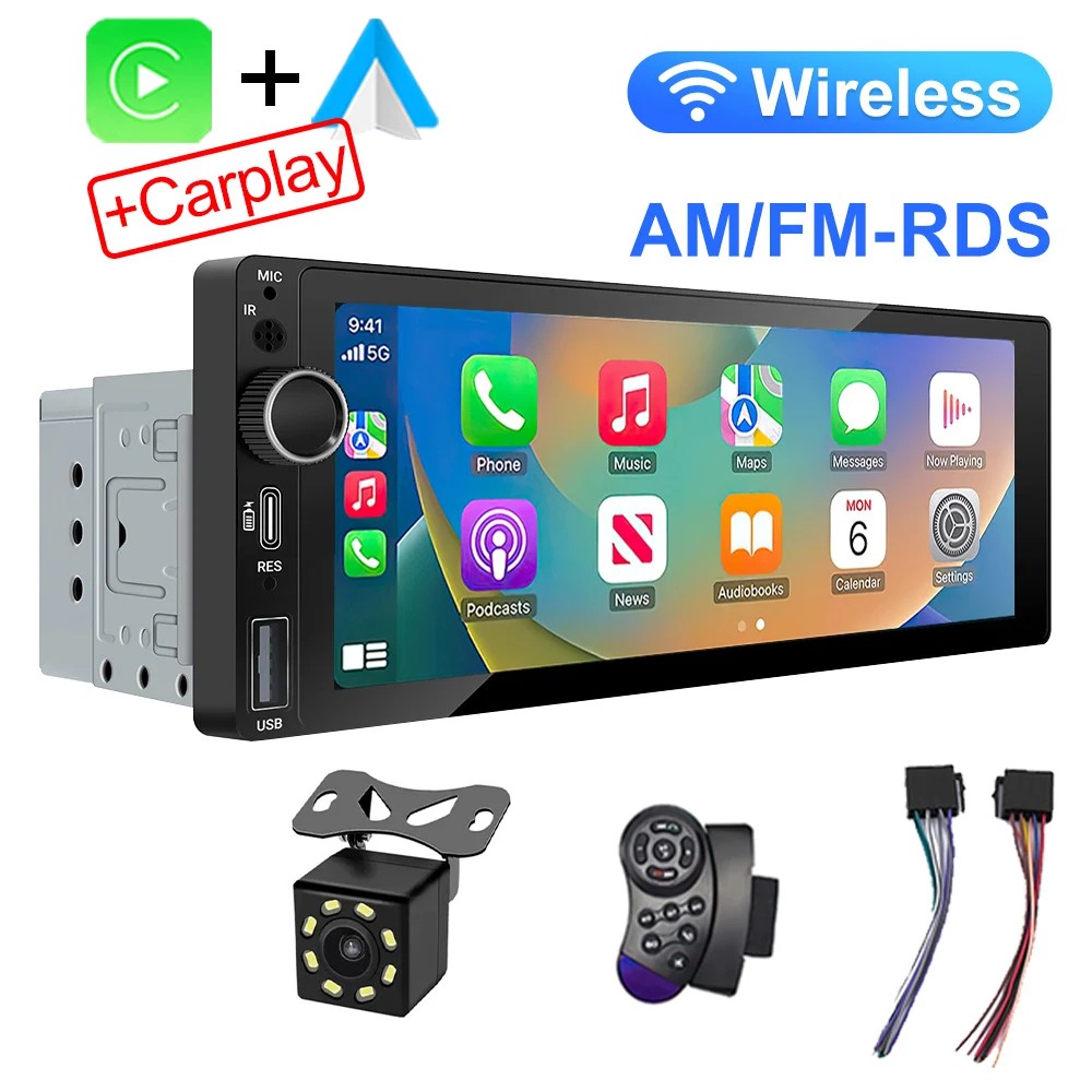 6.9 1Din CarPlay Android Auto Car Radio MP5 Player Bluetooth USB Stereo