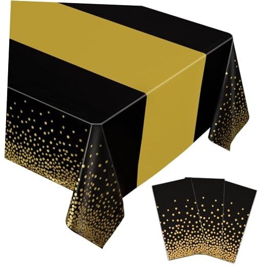 3 Pack Plastic Tablecloth, 54 inch x108 inch Rectangular Black and Gold