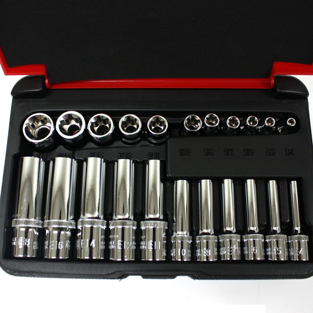 22 pc 1/4" & 3/8" Drive Female Torx Socket Set E4-E8 E10-E18 Deep & Shallow
