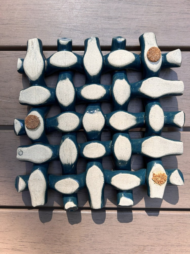 MCM Ocean Blue Kris Kross Trivet Marked Signed 8x8 Ceramic