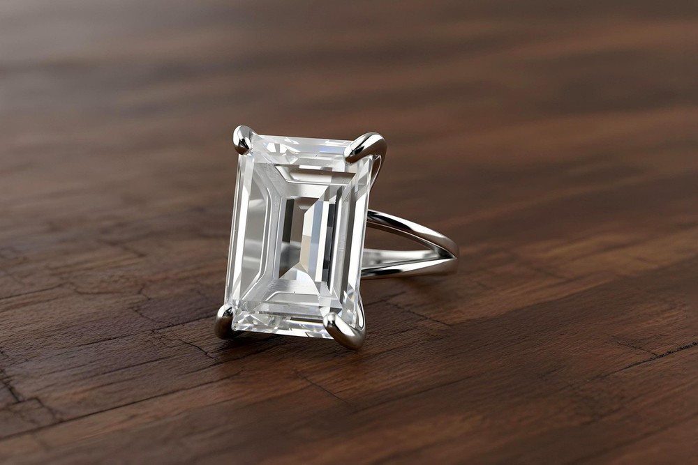 14k Gold Crystal Quartz Ring Rectangle Emerald Cut Faceted Gemstone