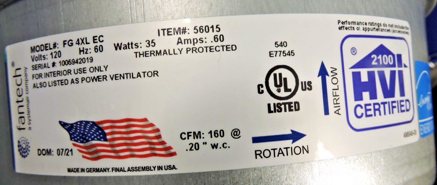 Fantech FG 4XL Inline Centrifugal Fan 4-Inch Duct 170 CFM New