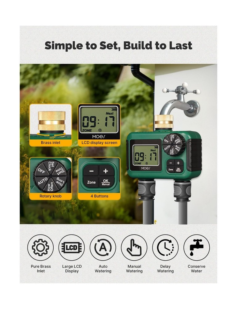 MOES 2 Outlet Sprinkler Timer, Brass Inlet, Programmable Automatic ... Fast Ship
