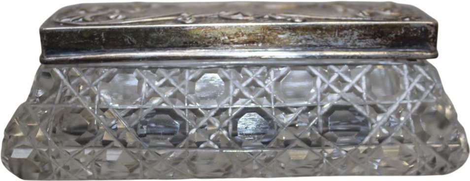 H&a Cut Glass Rectangular Trinket Box With Embossed Sterling Silver Lid