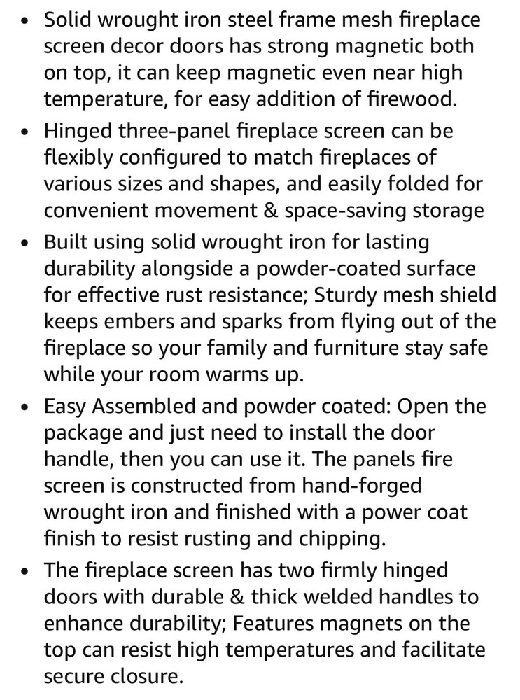 3-Panel Folding Fireplace Screen with Magnetic Hinged Doors, Solid Wrought Iron