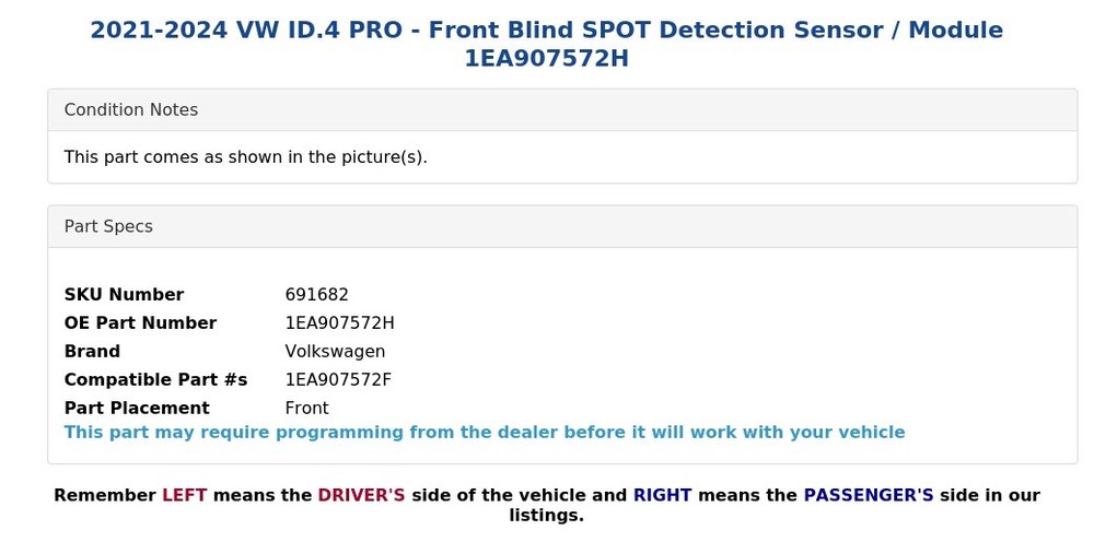 2021-2024 VW ID.4 PRO - Front Blind SPOT Detection Sensor / Module 1EA907572H