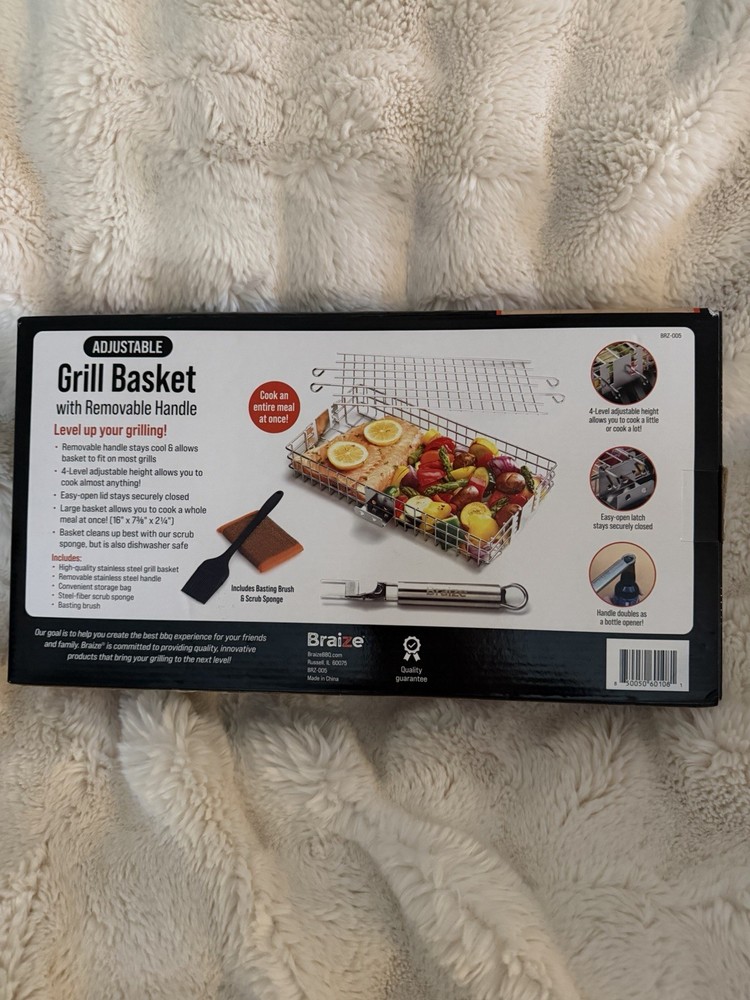 Braize Adjustable Grill Basket Large Silver, Removable Handle, Brush, Bag