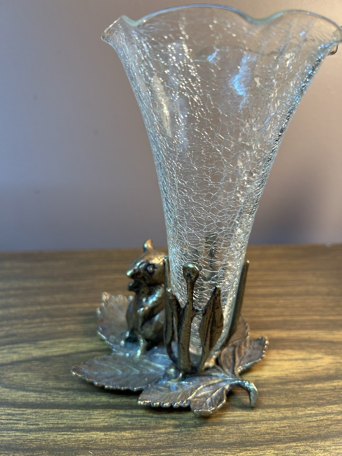 Vintage GATCO Solid Brass Mouse Bud Vase with Crackle Glass Insert