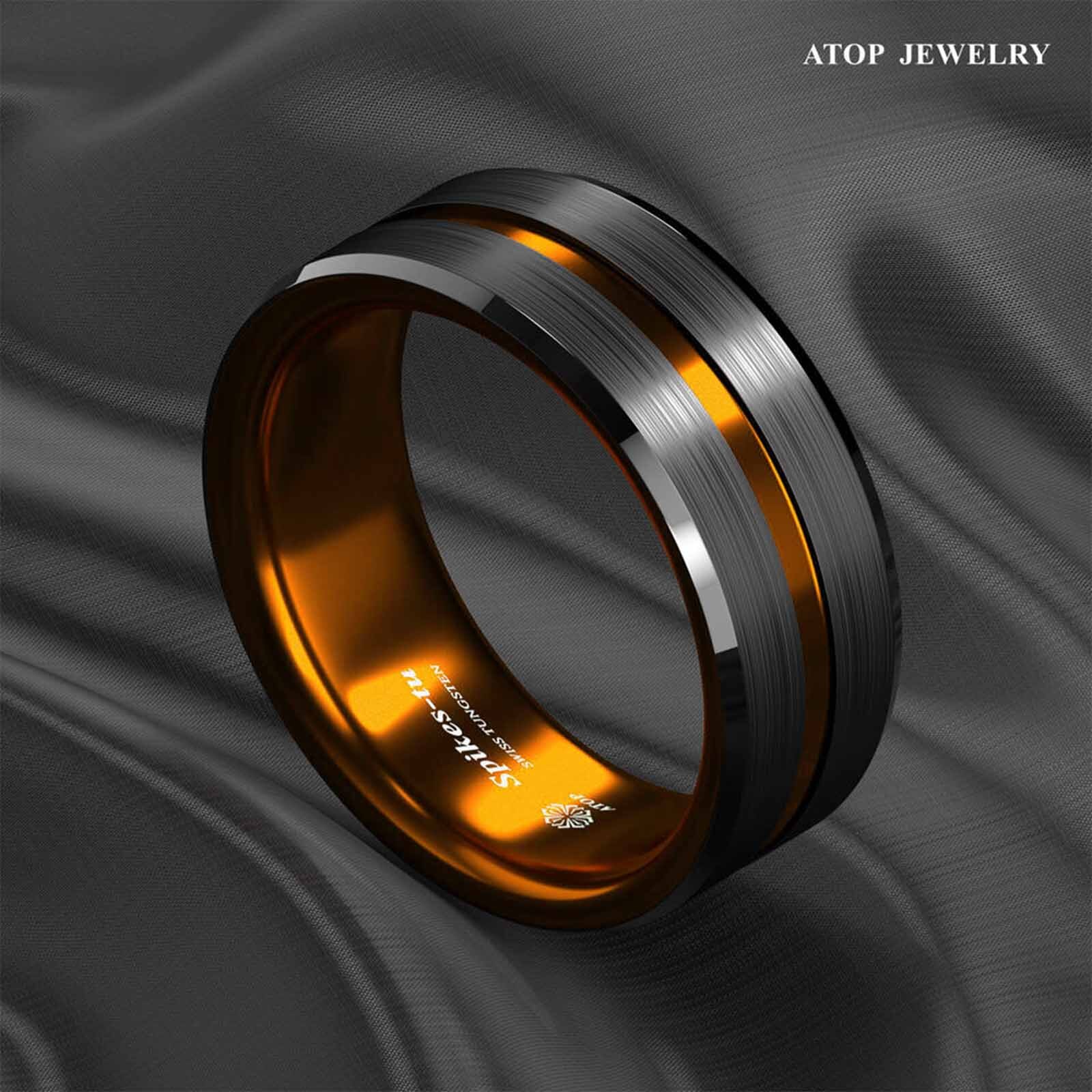ATOP 8mm Black Tungsten Carbide Thin Orange Line Wedding Band Ring Men’s Jewelry