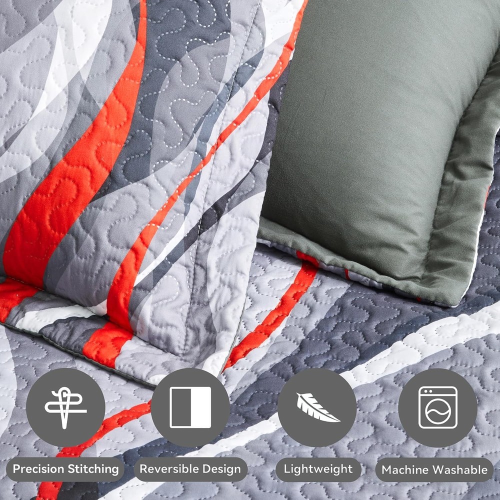 Classic Line Pattern Bedding Quilt King Size Modern Grey Red & Black Stripe