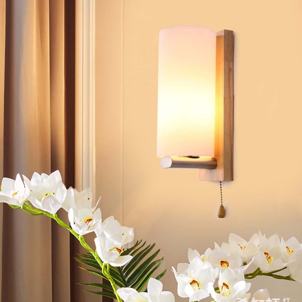Modern White Wall Light Sconce Glass Shade Bedside Hallway Lamp With Pull Switch