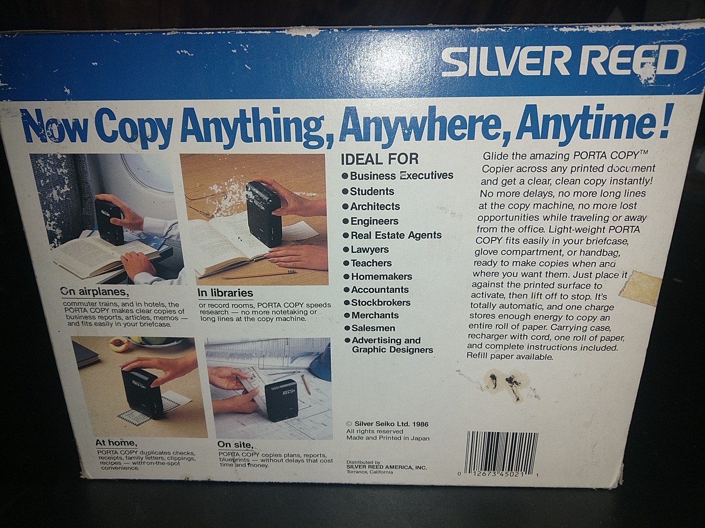 Vintage Silver Reed Porta Copy Portable Hand Held Copier 1986 Japan no computer!