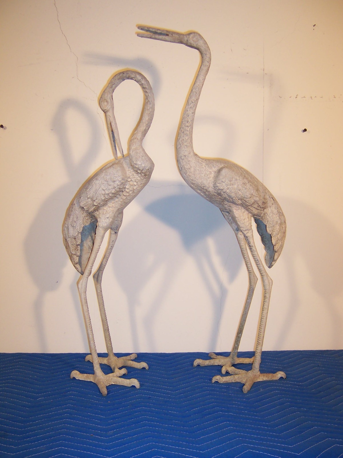 Large Pair Vintage Weathered Aluminum Metal Egret Crane Bird Garden Pond Statues