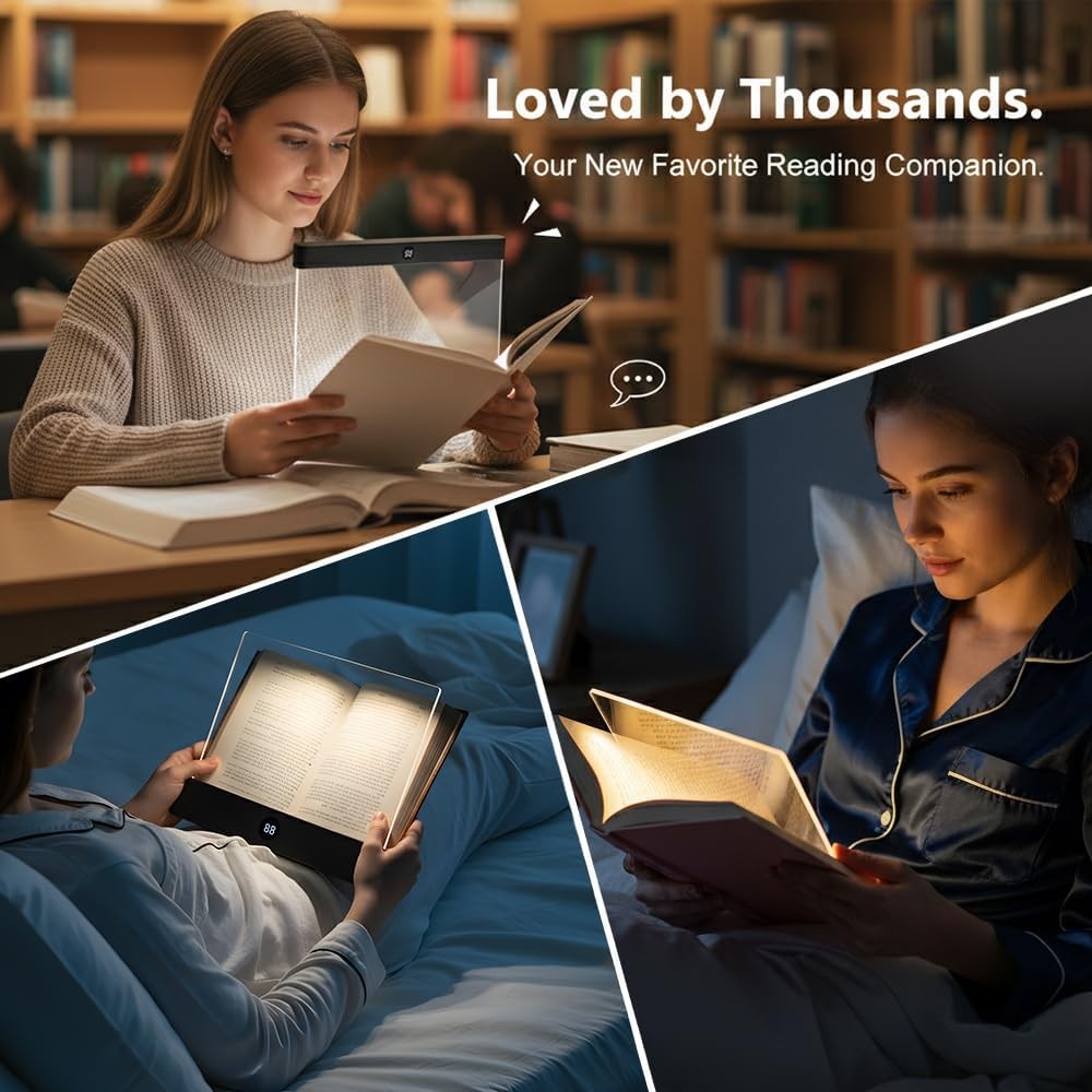 Rechargeable Flat Book Light: Transparent LED, 3 Color Modes, Brightness & Timer