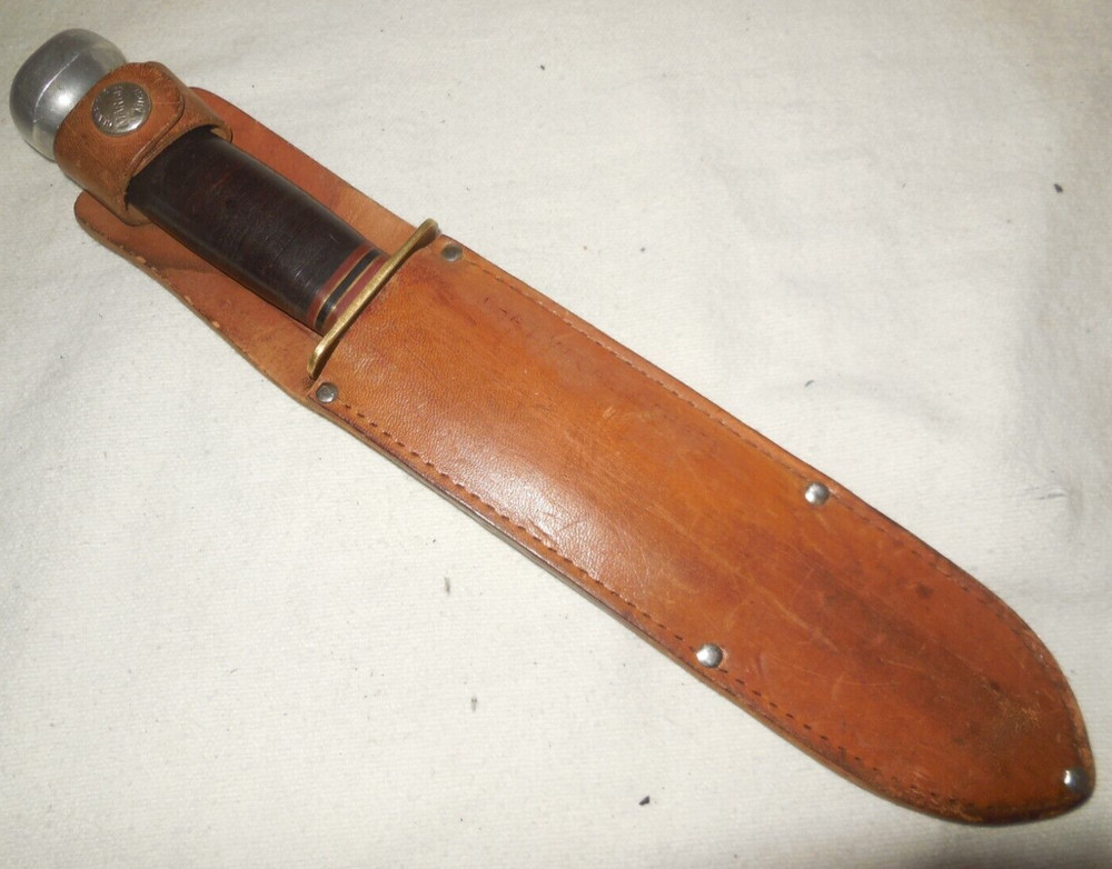 VINTAGE MARBLES 7" FIXED BLADE KNIFE & LEATHER SCABARD
