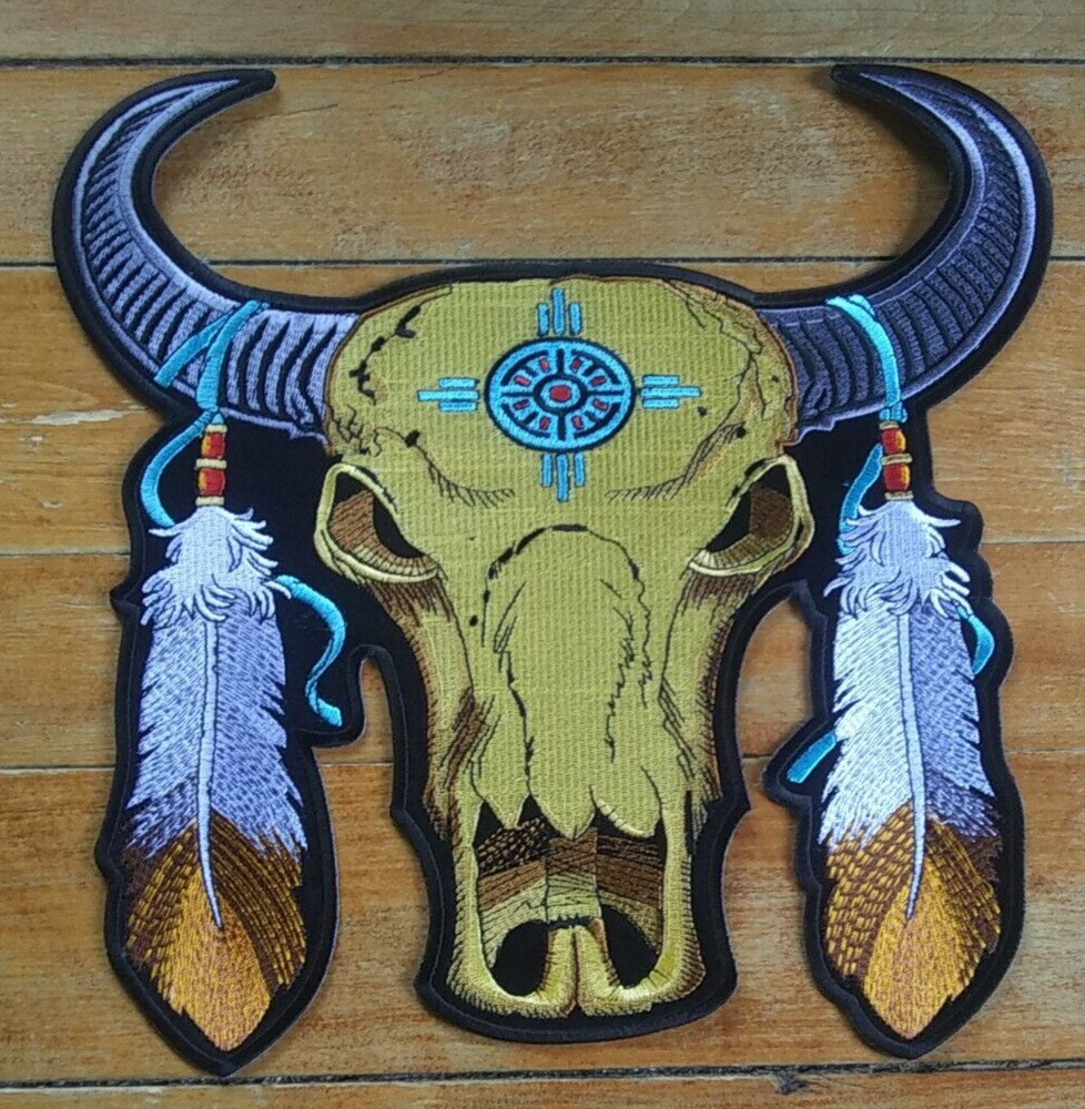 LARGE Embroidered Back Patch Bull Buffalo Skull with Feathers Biker Jacket PATCH