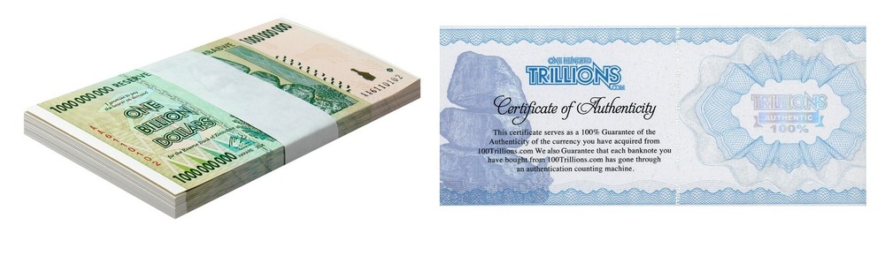 10 Zimbabwe 1 Billion banknote 2008, P-83 UNC bundle CoA Authentic trillion